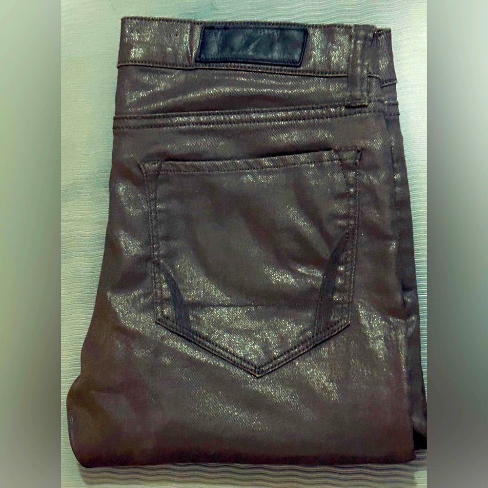 ALL SAINTS coated brown skinny stretch jeans ankle zippers size 28